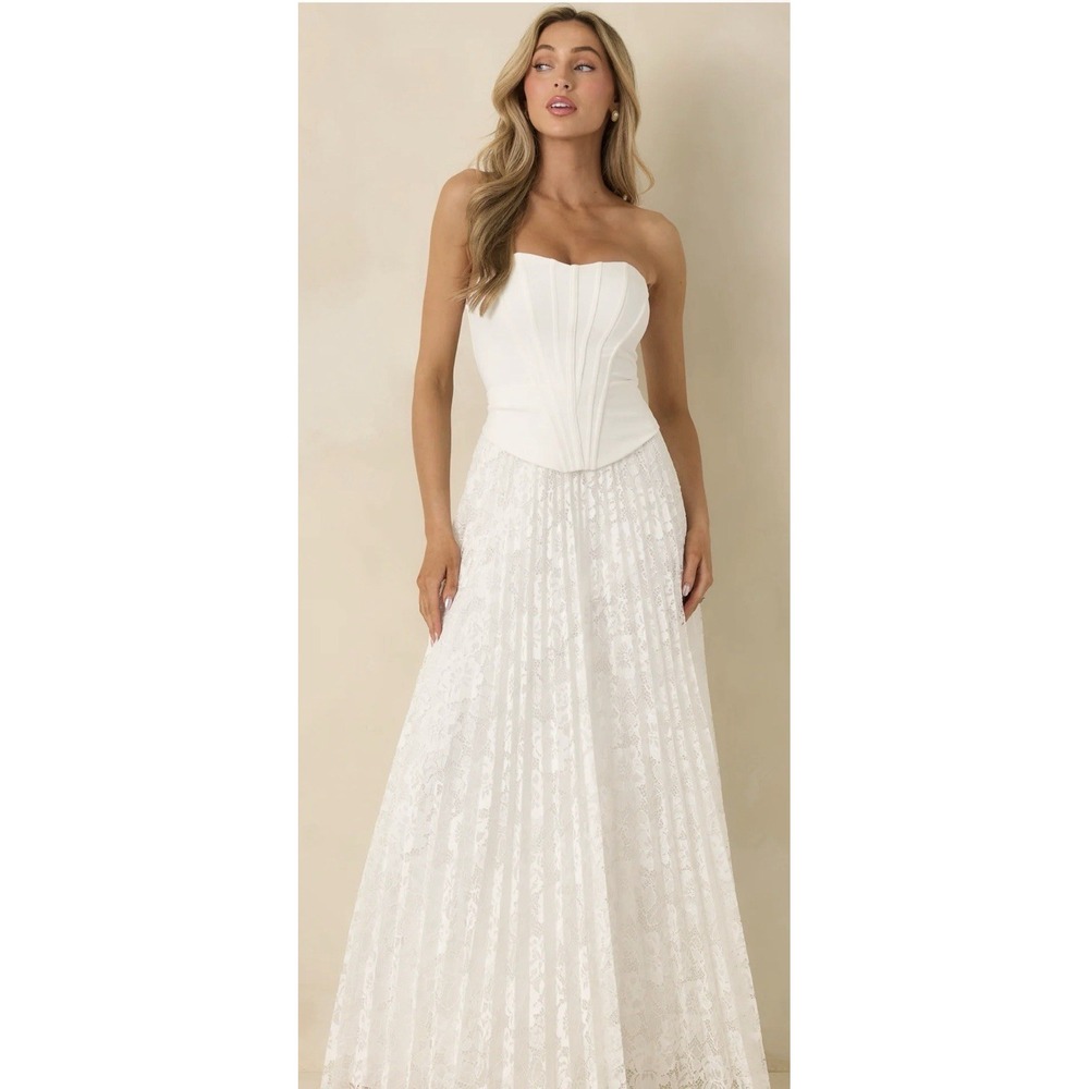 INA Size Small Say Yes Strapless Corset Bodice & Pleated Lace Maxi Dress White